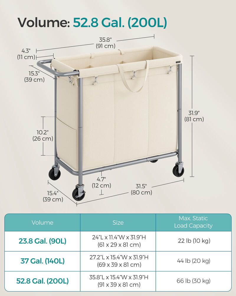 200L Laundry Sorter Cart &ndash; 3-Compartment Rolling Hamper with Removable Liners and Frame