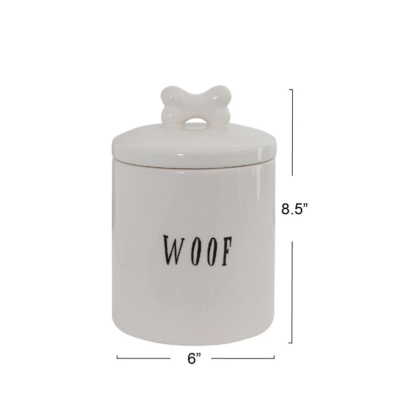Ceramic Dog Treat Jar with "Woof" Message and Bone Handle Lid, White and Black image number 2