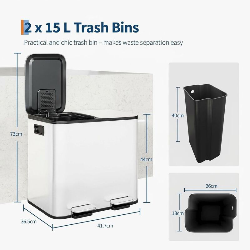 Stainless Steel Dual Compartment Trash Can. 2x15L Removable Buckets, Soft-Close Lid, Touchless pedal image number 4