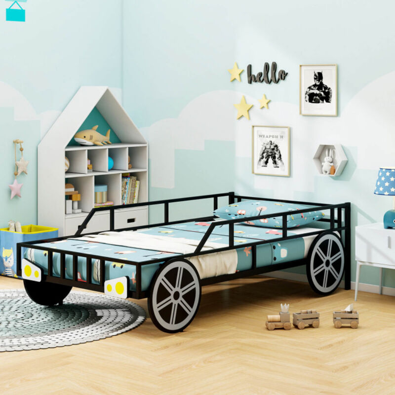 Car-Shaped Metal Bed Frame with Safety Guardrails, Fun Kids' Bed for Bedroom
