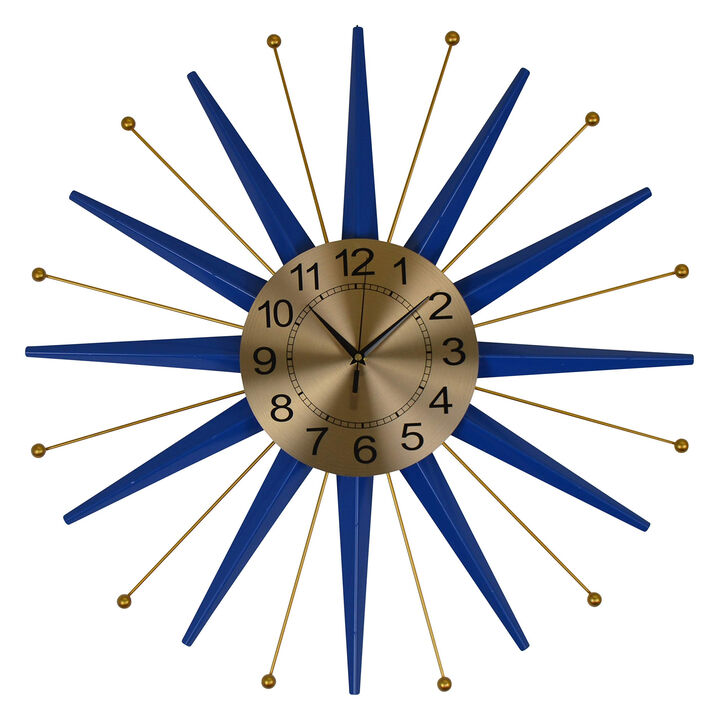 HomeRoots 27" Blue And Gold Metal Silent Analog Starburst Wall Clock