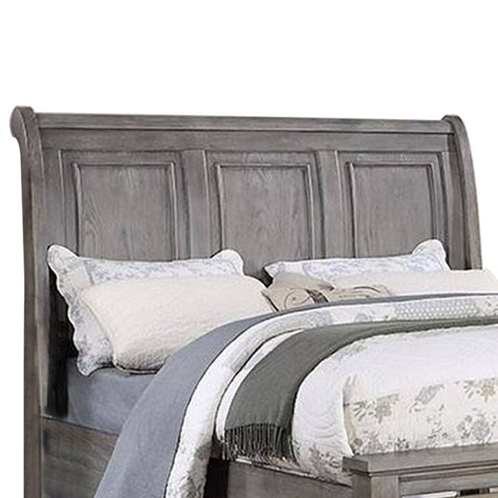 Demi California King Bed, Sleigh Headboard, Storage Drawers, Oak Gray Wood - Benzara