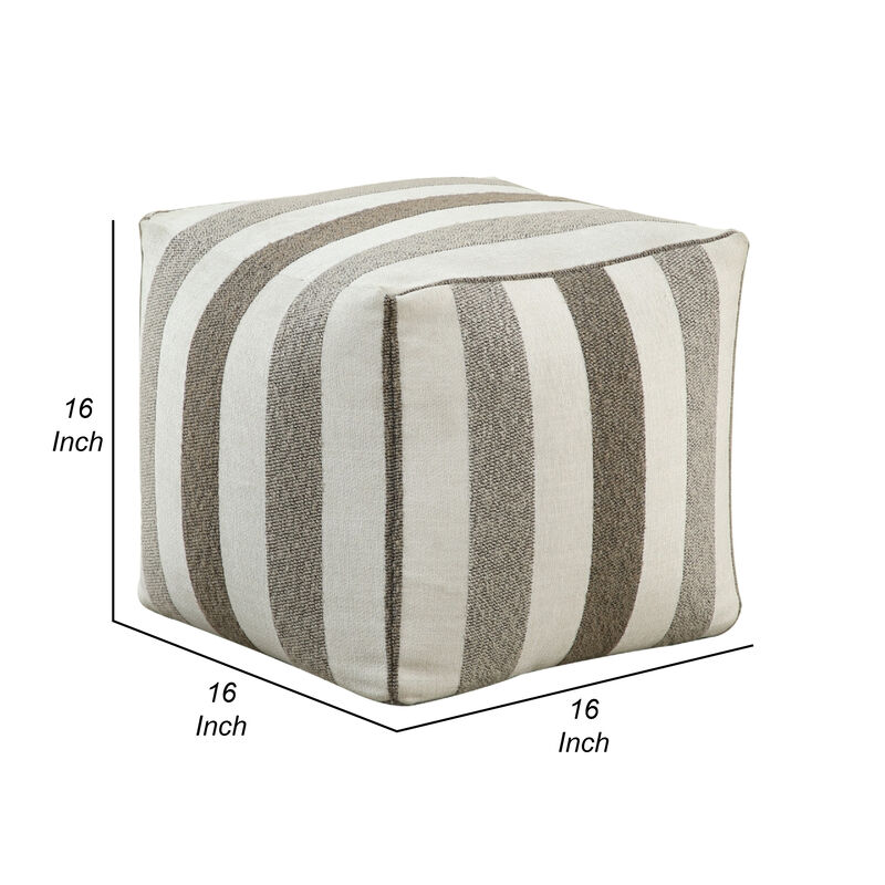 Modern Pouf Ottoman, White and Taupe Striped Jacquard, 16 Inch Square