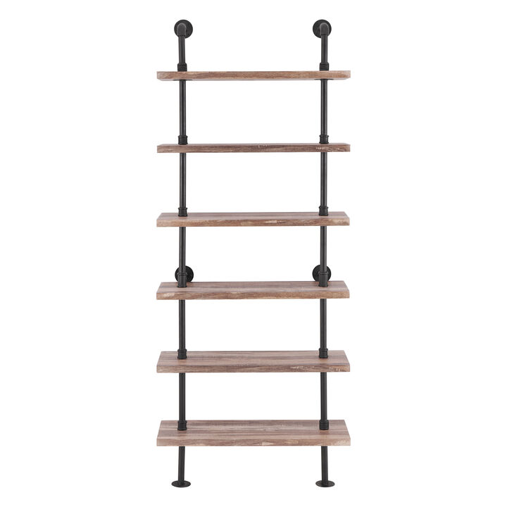 Industrial Modern Rustic 6-Tier Iron Pipe Wall Mount Ladder Shelving Unit in Distressed Wood Finish