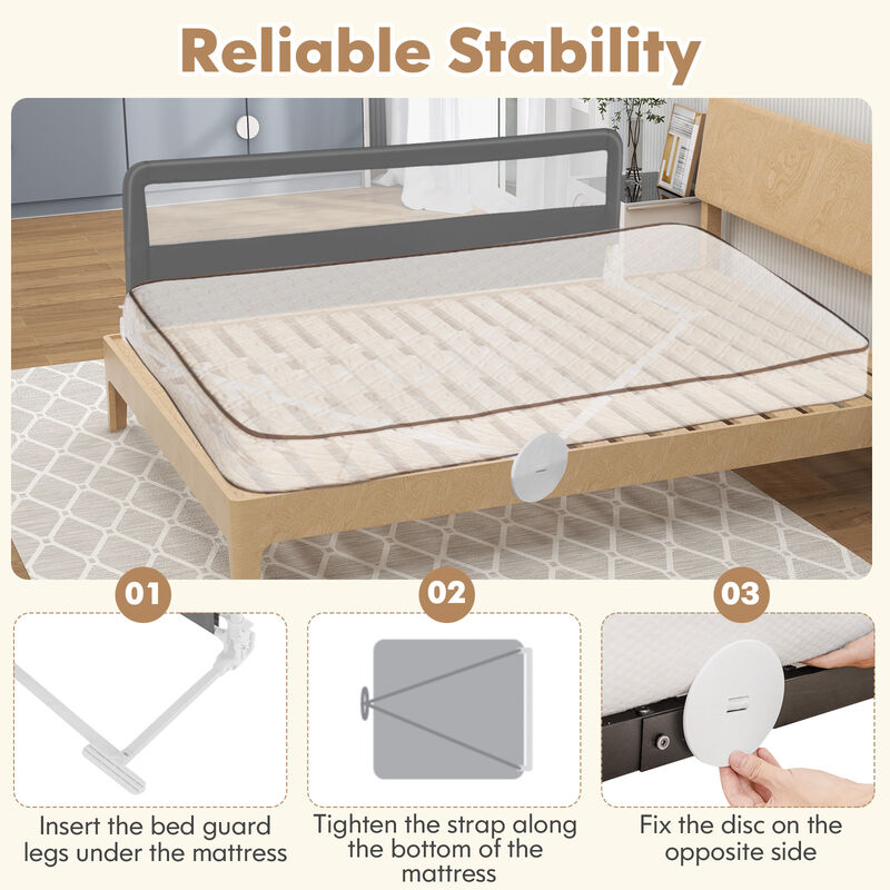 Swing Down Bed Guardrail with Safety Straps for Kids Bedroom-Grey image number 4