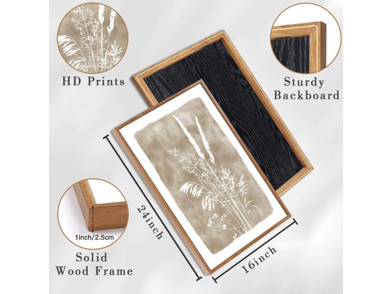 Beige Neutral Floral Canvas Wall Art Set 3 Framed Rustic Decor 16x24 In image number 2