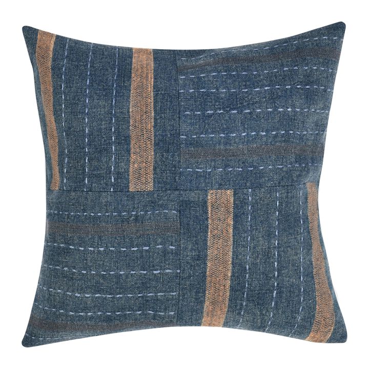 Rijo Throw Pillow, Square 22 Inch Hand Embroidery, Denim Blue Linen - Benzara