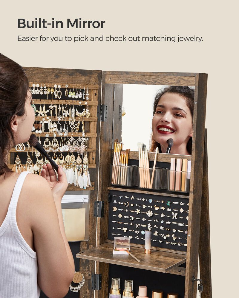 Lockable Jewelry Cabinet with LED Lights and Mirror for Secure Storage