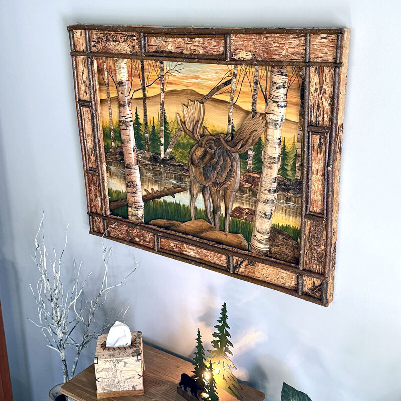Rustic Moose Birch Forest Wood Wall Sculpture 28.75x36.5 Brown Glossy image number 6