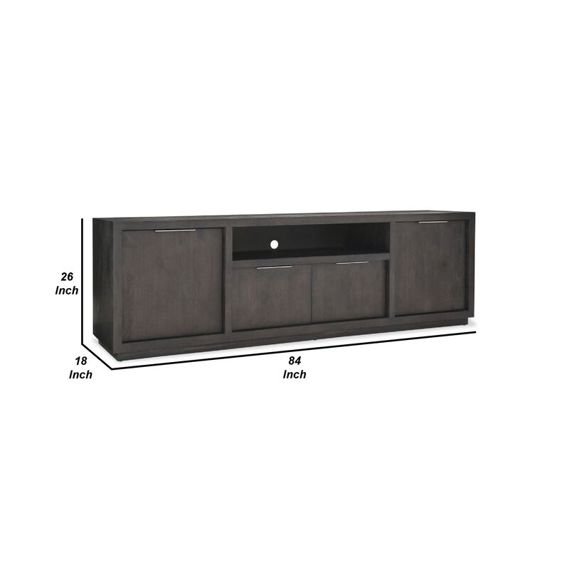 Jose 84 Inch Acacia Wood TV Entertainment Center Console, 4 Cabinets, Gray - Benzara