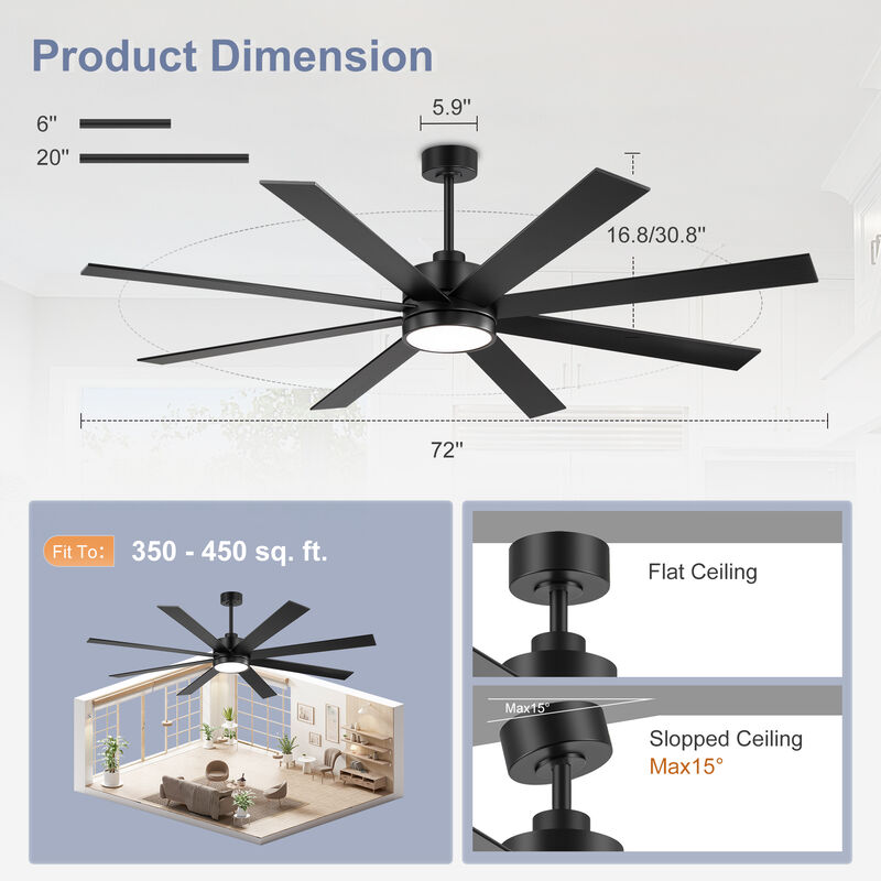 Breezary 72 in LED Ceiling Fan with Light and Remote, 8 Blade Fan, Reversible Quiet Fan with Timer image number 5