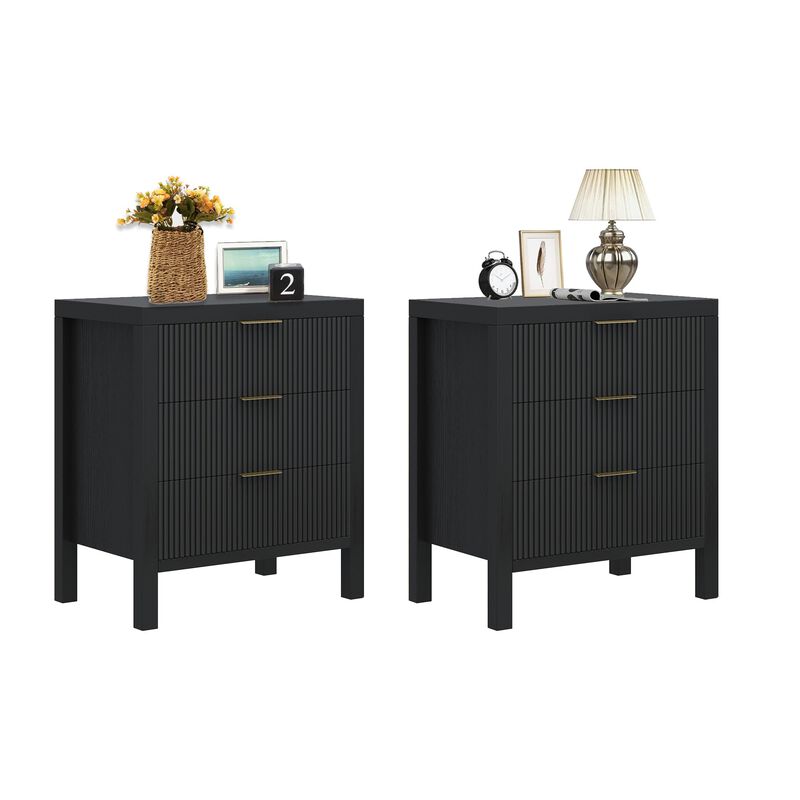 MJADUE Fluted Nightstands Set of 2, Wooden Farmhouse Night Stands with 6 Drawer Bedside Table - Boho Tall End Table Accent Table