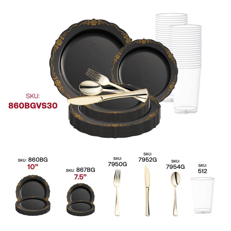 Black with Gold Vintage Rim Round Plastic Wedding Value Set (30 Sets) image number 5