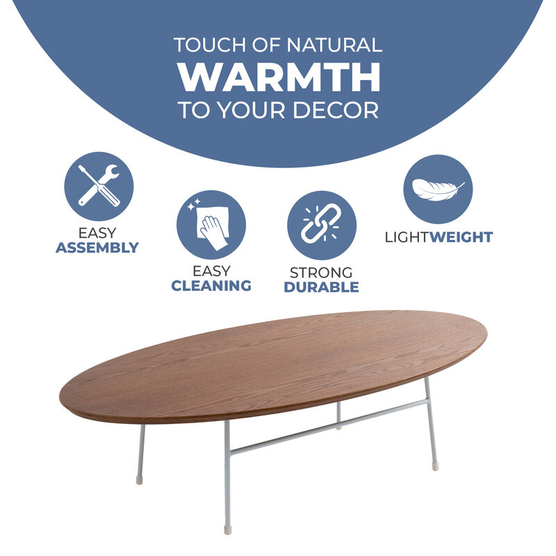 LeisureMod Rossmore Modern Oval Coffee Table with Steel Frame &ndash; Stylish Accent Table for Living Room, Lounge, and Contemporary Spaces