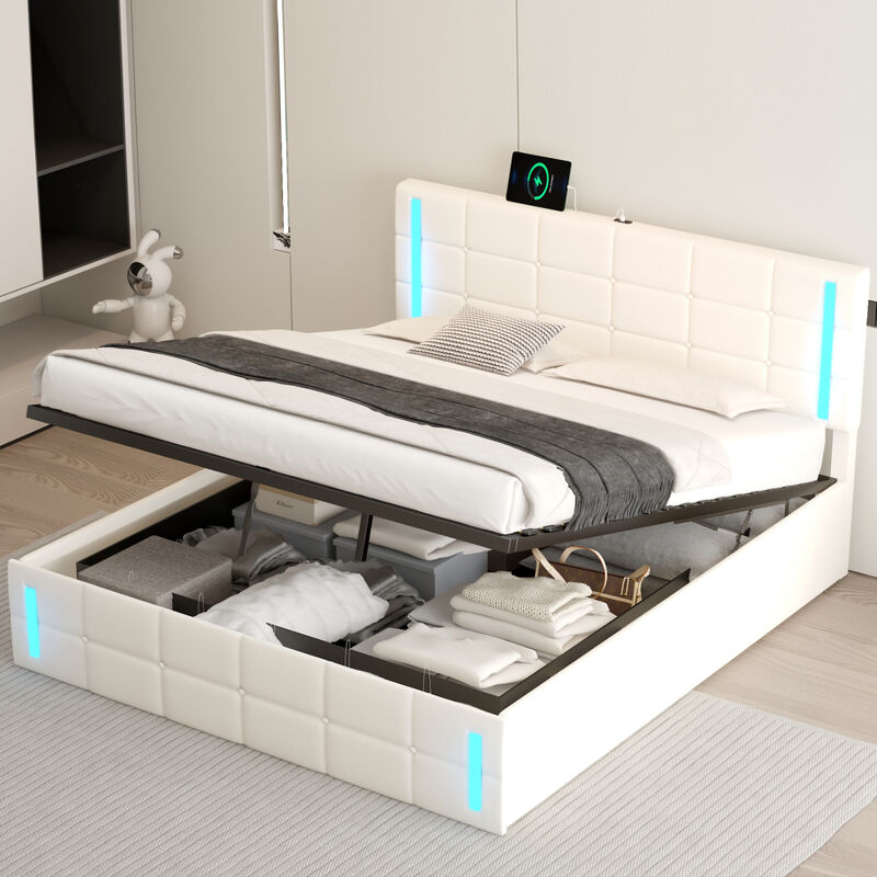 Queen Size Upholstered Bed with LED Lights, Hydraulic Storage System and USB Charging Station, White