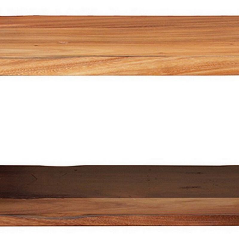 Umey 59 Inch Bench, Solid Mango Wood With Grain Details, 1 Shelf, Brown -Benzara