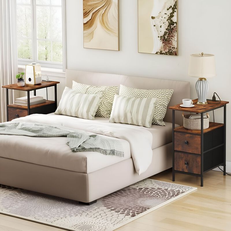 Narrow Side Table with Charging Station, Slim End Table with Storage Shelves image number 3