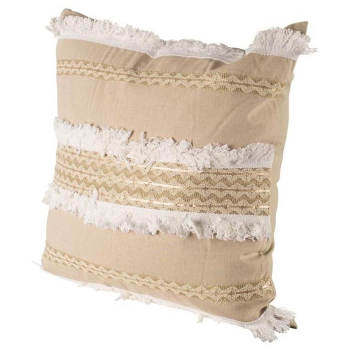 HomeRoots 22" Tan And White Geometric Linen Throw Pillow Cover with Fringe
