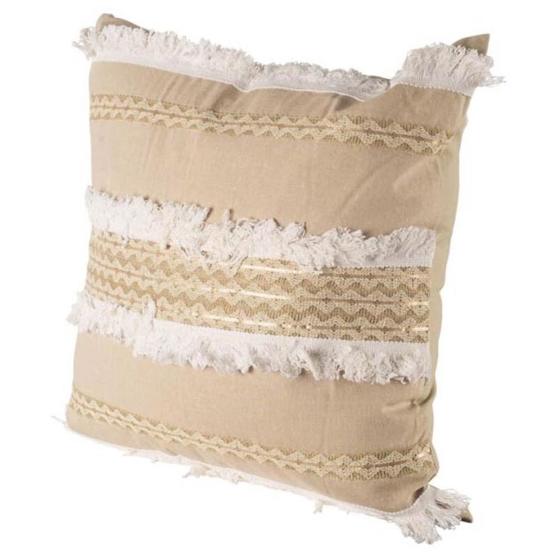 HomeRoots 22" Tan And White Geometric Linen Throw Pillow Cover with Fringe image number 0