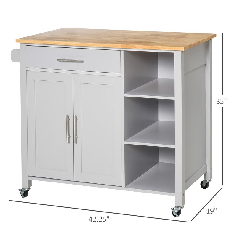 Grey Rolling Kitchen Island Cart on 360° Swivel Wheels, Wooden Kitchen Cart with Side Towel Rail and Drawer image number 3