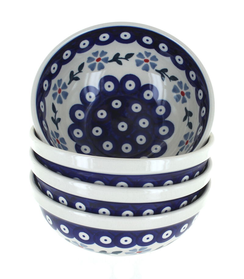 Blue Rose Polish Pottery Red Daisy 4 PC Dessert Bowl Set