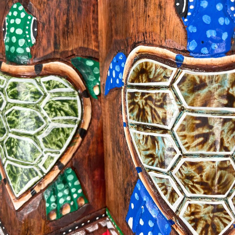Set of 2 Sea Turtle & Plumeria Flower Hand-Carved Wall Decor image number 2