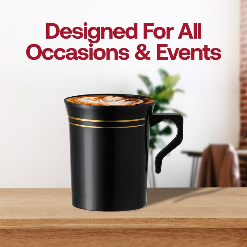 8 oz. Black with Gold Edge Rim Round Plastic Coffee Mugs (120 Mugs) image number 7