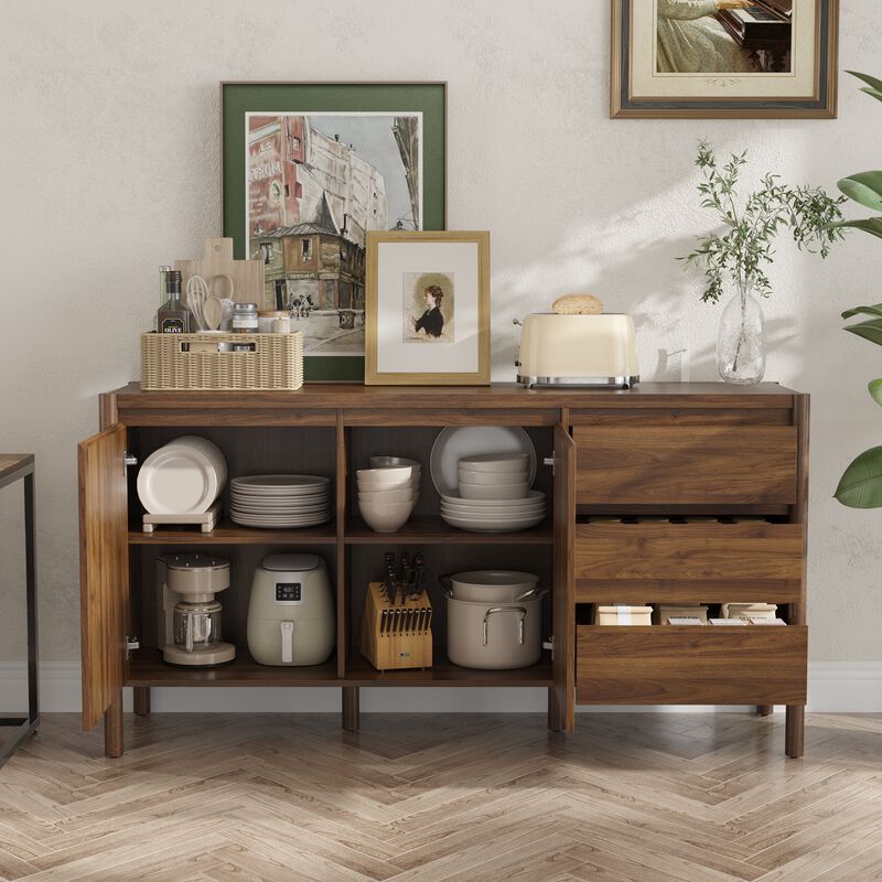 FUFU&GAGA Round Leg 2-Door 3-Drawer Cabinet with Painted Rubberwood Legs, 15mm Particleboard Construction, and Faux Thick Panel, (59"W x 16.5"D x 30.9"H) , Brown image number 2