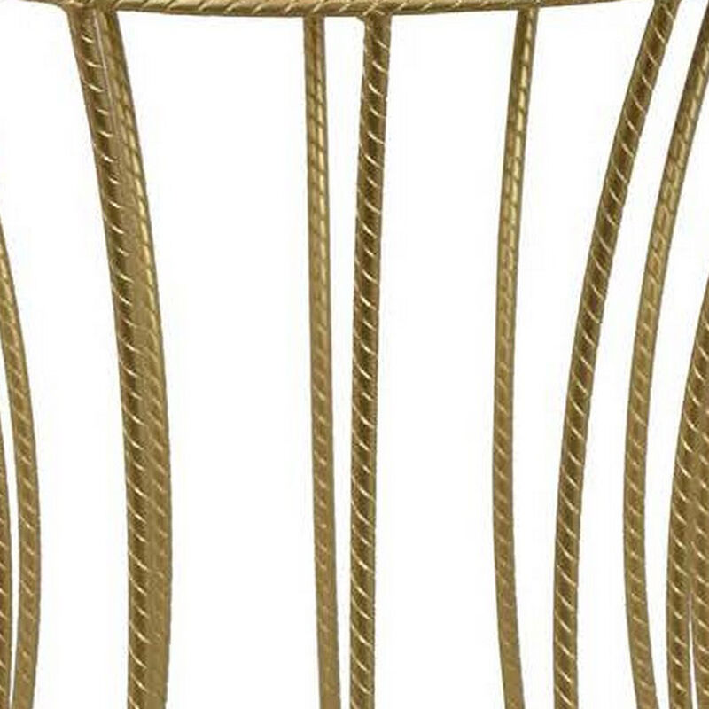 Ema 21 Inch Plant Stand, Round Top, Slatted Geometric Frame, Gold Finish - Benzara