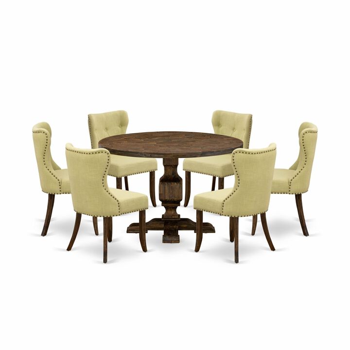 East West Furniture I3SI7-737 7Pc Dining Room Set - Round Table and 6 Parson Chairs - Distressed Jacobean Color