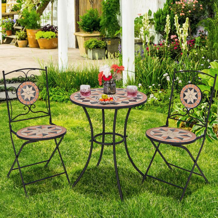 Hivvago 3 Pieces Patio Bistro Set with 1 Round Mosaic Table and 2 Folding Chairs