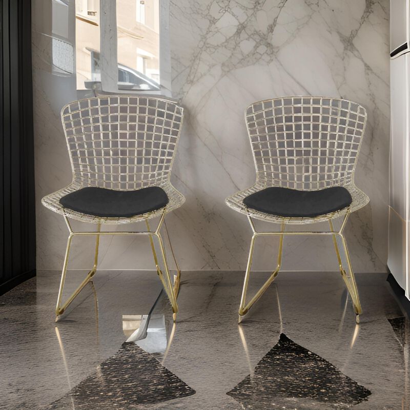 Hely 23 Inch Dining Chair Set of 2, 4 Cushions, Metal Cage Frame, Gold - Benzara
