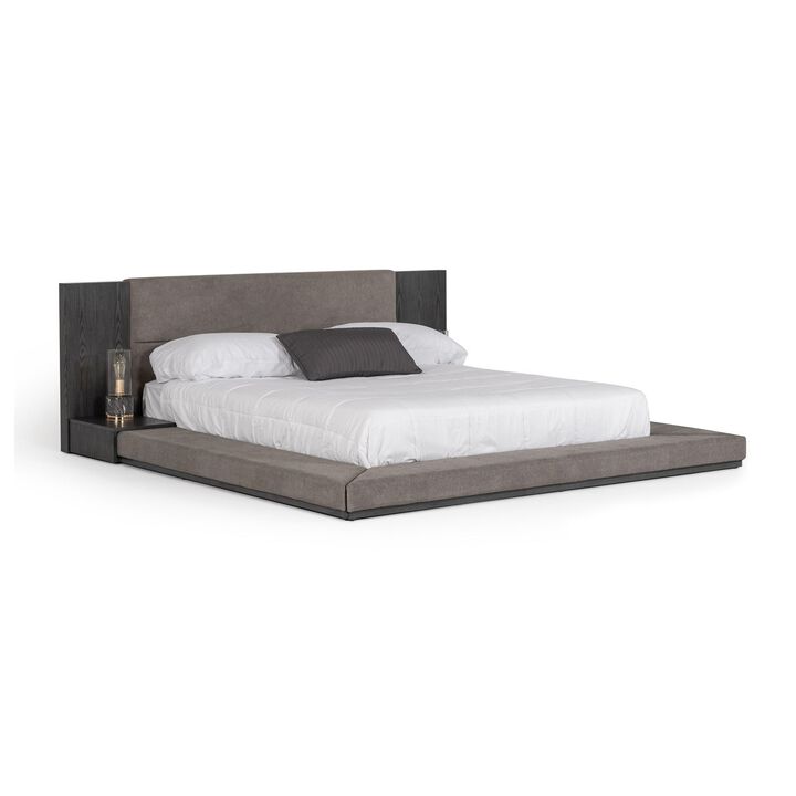 Noe Ruby California Size Bed, Side Shelves, Gray Upholstery, Low Profile - Benzara