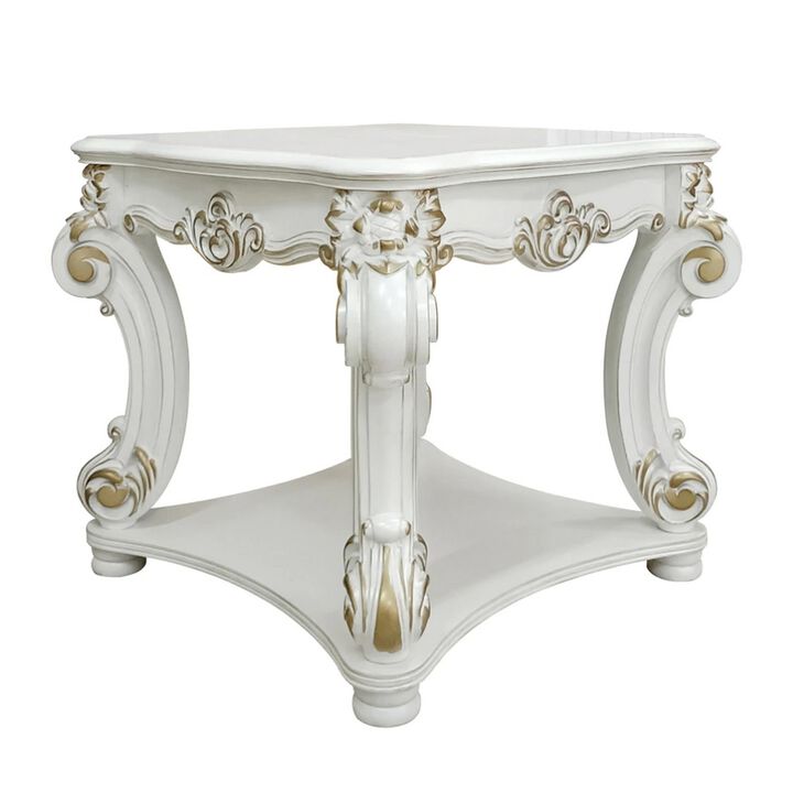 Jess 31 Inch Side End Table, Classic Scrolled Legs, White, Brushed Gold  - Benzara