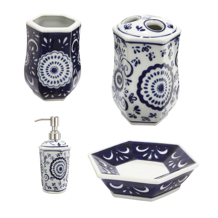 Elegantly Crafted Bath Accessories, Set of 4, Blue and White - Benzara