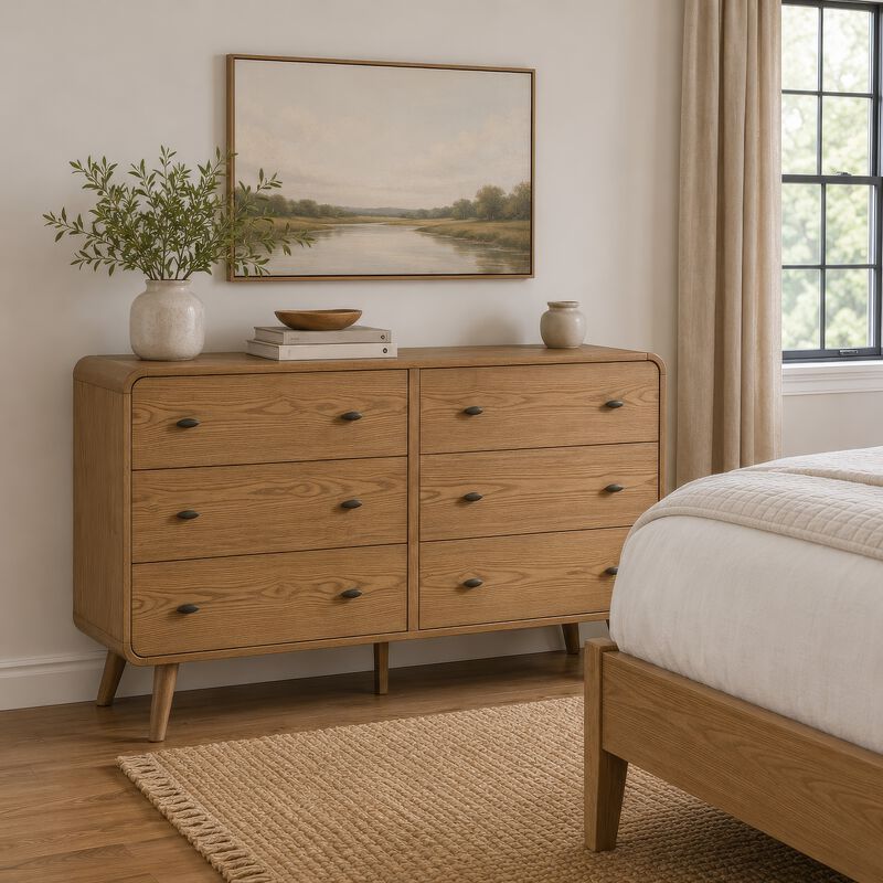 Ryb Wide Dresser with 6 Drawers, Angled Legs, Brown Rubber Wood image number 8
