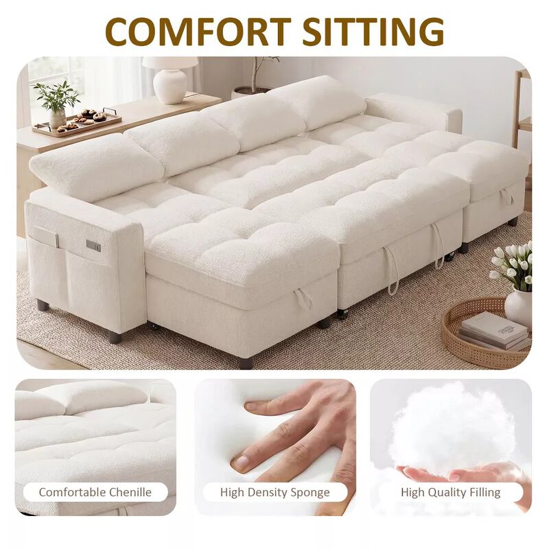 105" U-Shaped Sleeper Sofa Bed, Chenille Pull Out Couch with Reversible Storage Chaise, 5-Position image number 2
