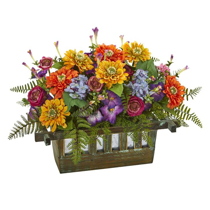 Nearly Natural 14-in Mixed Floral Artificial Arrangement in Wood Planter