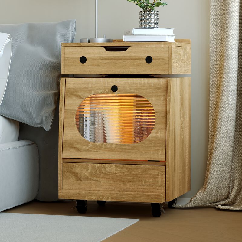 FUFU&GAGA Modern Robot Design Nightstand with 360° Swivel Top, Glass Door and Drawer, Touch LED Lighting, (18.9 in. W x 16.8 in. D x 29.4 in. H), Brown