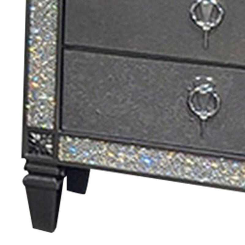Laine Nightstand, 2 Drawers, Crystal Like Acrylic Trim, Gray Solid Wood - Benzara