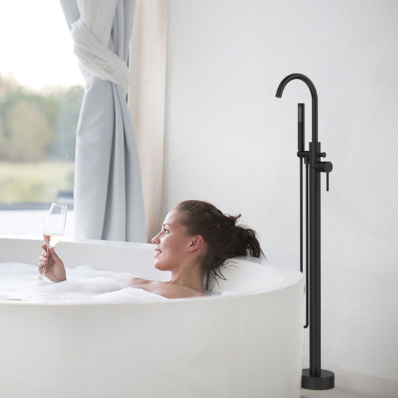 Floor Mount Bathtub Faucet, Single Handle Freestanding Tub Filler with Hand Shower, 6 GPM