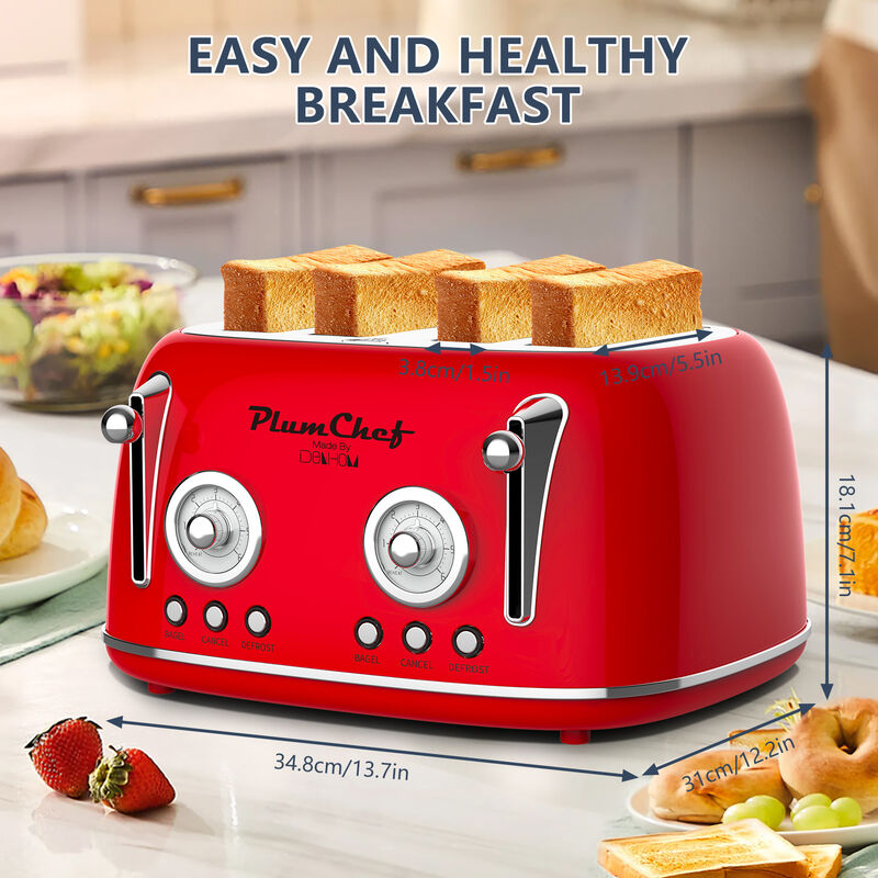 4 Slice Retro Style Toaster, 1650W Dual Control Toaster , 6 Browning Settings, Removable Crumb Tray image number 3