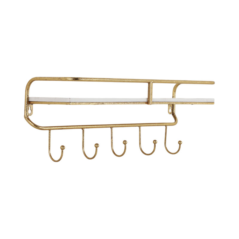 Metal/wood 20" 5  Hook Wall Shelf, White/gold image number 1