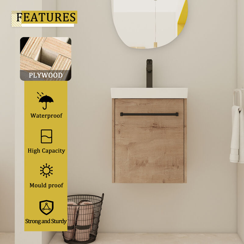 ELEMENT ACE Compact Floating Wall-Mounted Bathroom Vanity with Integrated Ceramic Sink and Soft-Close Cabinet Storage image number 8