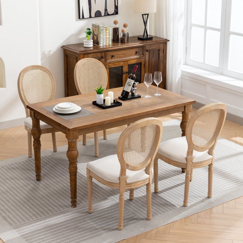Whisen French Style Dining Chair, Solid Rubberwood Frame with Linen Upholstery and Rattan Back, Set of 2 for Living Room Kitchen image number 4