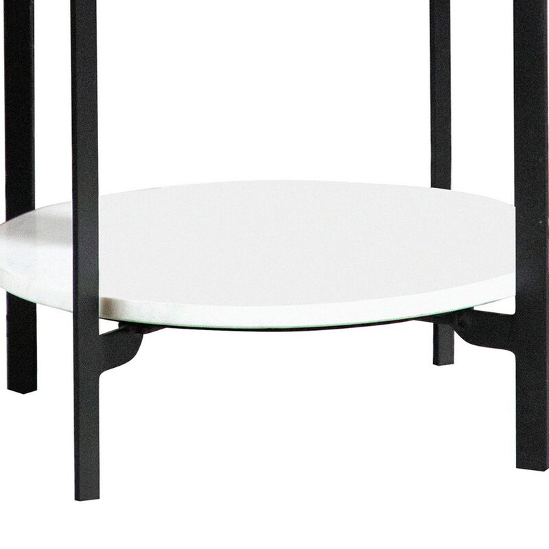 24 Inch Modern End Accent Table, Round Marble Shelf, Wood, White, Brown