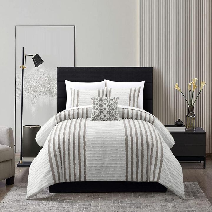 Chic Home Sofia Cotton Comforter Set Clip Jacquard Striped Pattern Design Bedding - Decorative Pillow Shams Included - 4 Piece - King 104x96", Beige