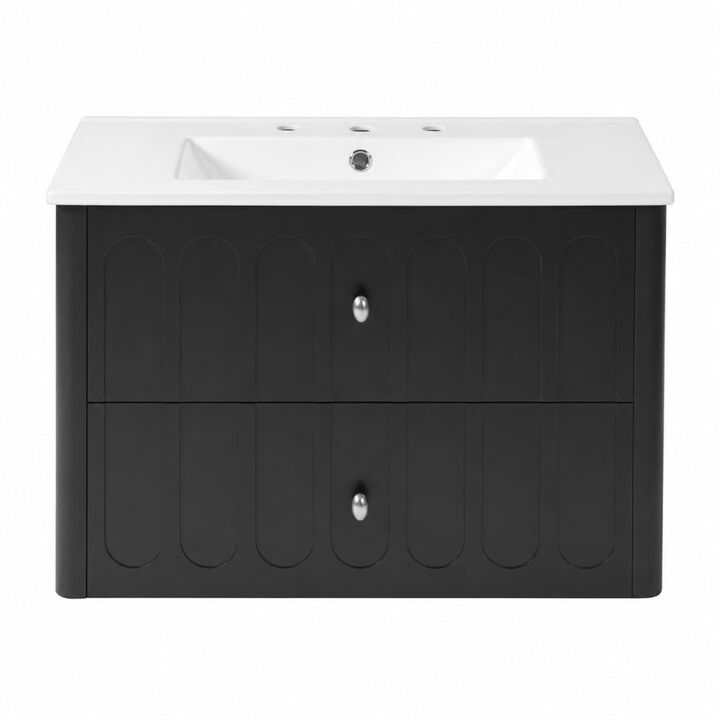 ELEMENT ACE 30 Inch Modern Wall-Mounted Floating Bathroom Vanity with Ceramic Sink, Soft-Close Drawers, Round Edges, Oval Knobs Ideal for Small Compact Bathrooms