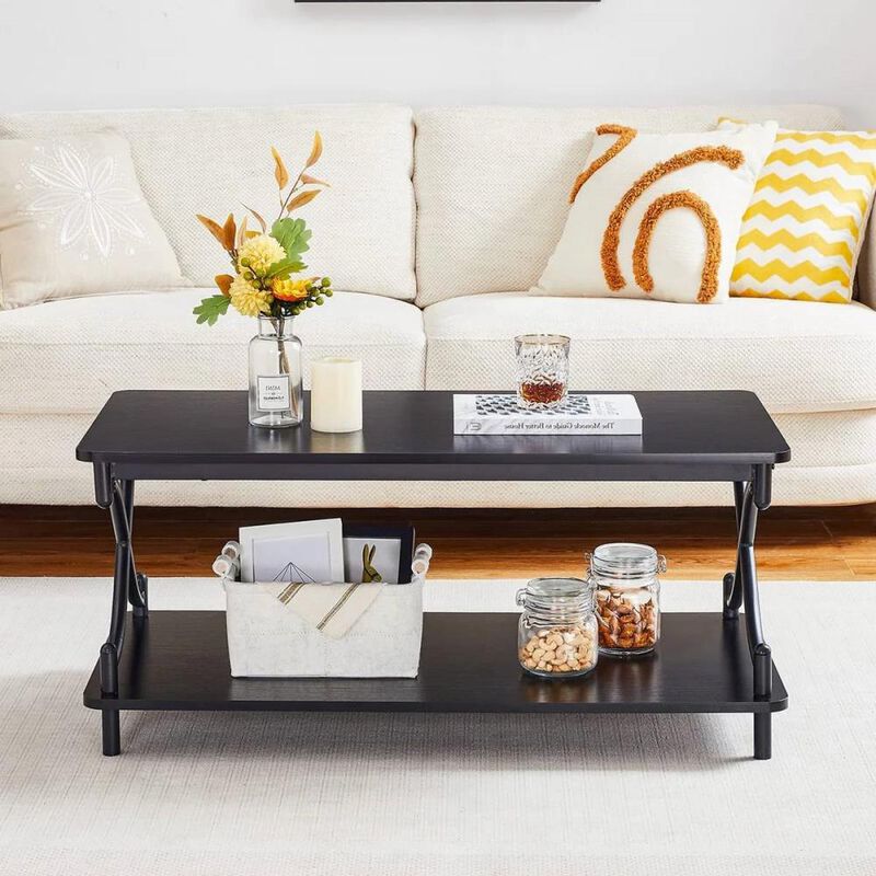 Hivvago Modern Industrial Black Metal Wood Coffee Table with Bottom Storage Shelf