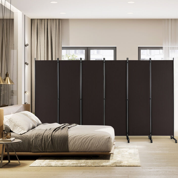 6 Panel Folding Room Divider Screen on Lockable Wheels for Home and Office Use-Walnut